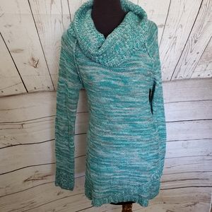 Vanity women's tunic length sweater jade green, gray, silver metallic Medium